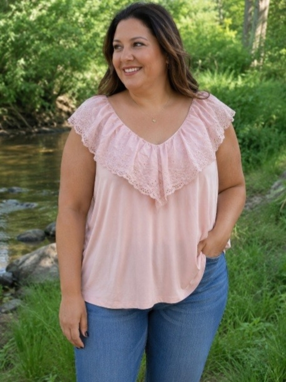 H&M Blush Pink Eyelet Ruffle Sleeveless Blouse Size XL Romantic Cottagecore